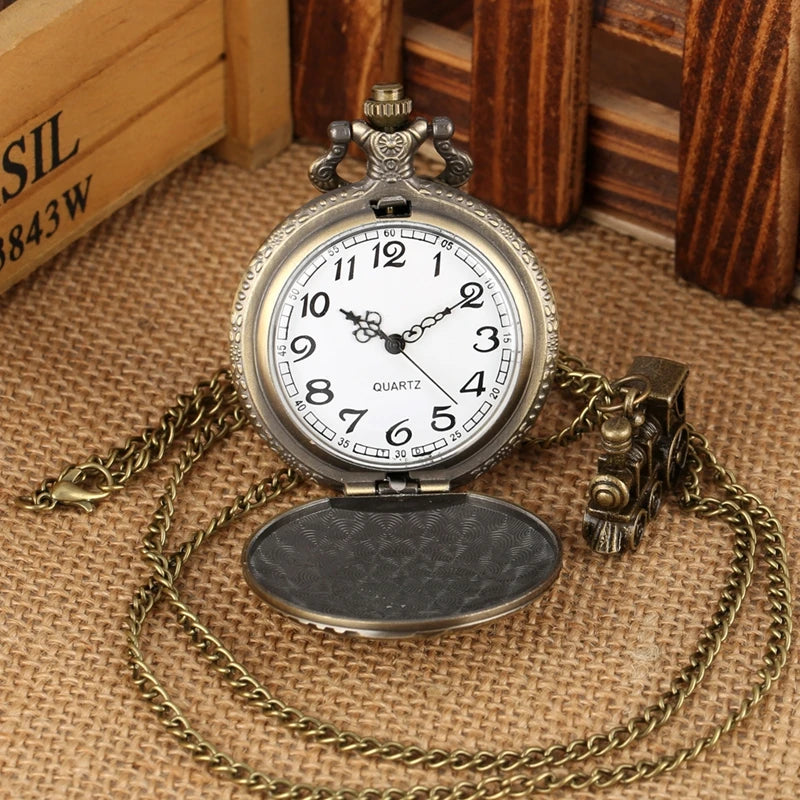 Classic Retro Steampunk Train Quartz Pocket Watch with Necklace Chain Pendant Gift for Male Men Vintage Clock