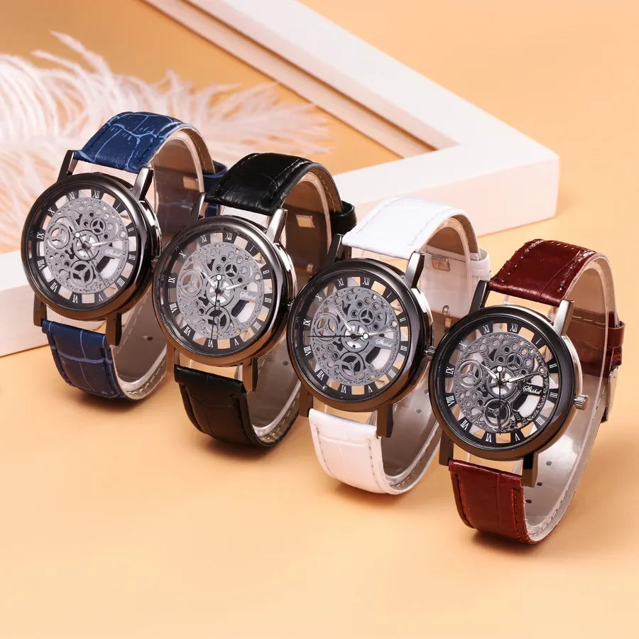 2020 Men Watch Fashion Hollow Watches Men Roma Dial Leather Band Quartz Wristwatches Cheap Price Dropshipping Relogio Masculino