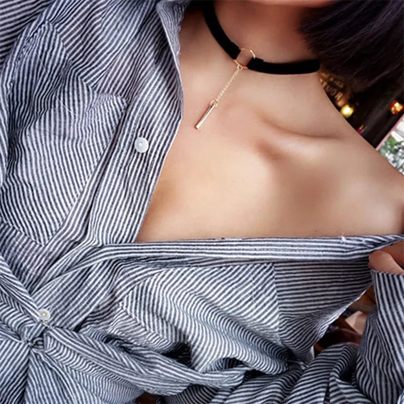 Fahion Wide Black Brown Leather Choker Necklace Gold Silver Long Chain Bar Pendant Collar for Women Girls