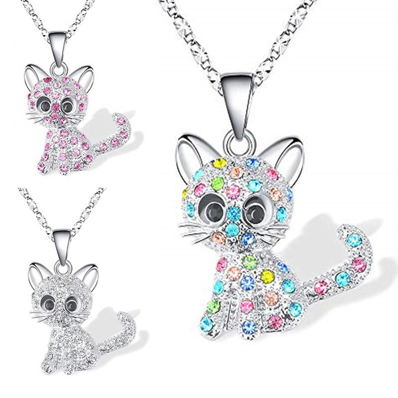 Pink Girl Cat Pendant Necklace for Women Sparkle Color Zircon Cartoon Animal Kitten Necklace Valentine's Day Anniversary Gift