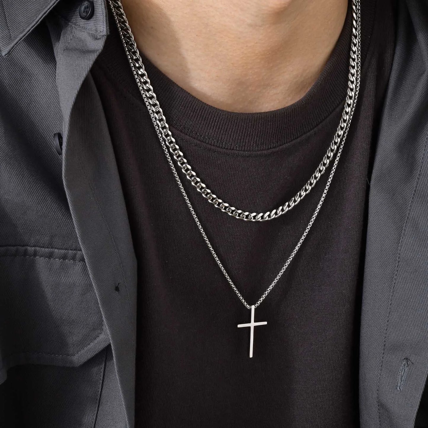 Vnox Mens Cross Necklaces, Stainless Steel Layered Plain Cross Pendant, Rope Box Chain Necklace, Simple Prayer Jesus Collar