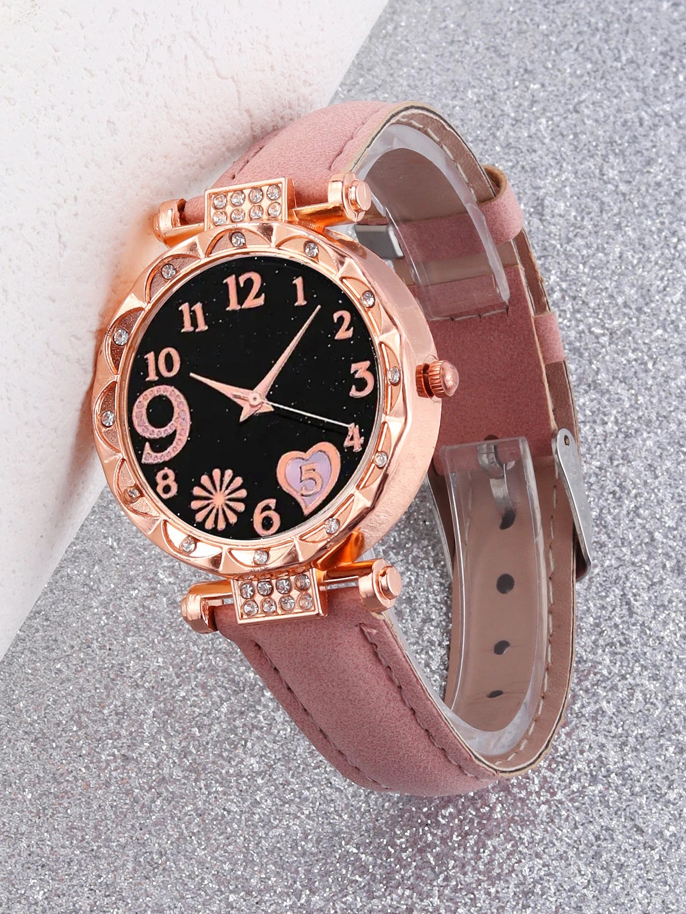 6PCS Women's Fashion Quartz Watch Luxury Pink Leather Band Analog WristWatch Ladies Watch Women Dress Bracelet Set  Clock