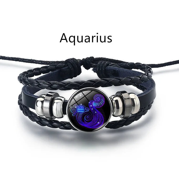 12 Constellation Zodiac Sign Black Braided Leather Bracelet Cancer Leo Virgo Libra Woven Glass Dome Jewelry Punk Men Bracelet