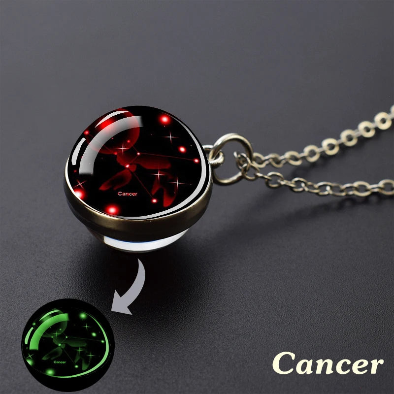 12 Constellation Necklace Starry Sky Luminous Zodiac Glass Ball Pendant Necklace Christmas Gift for Men Women