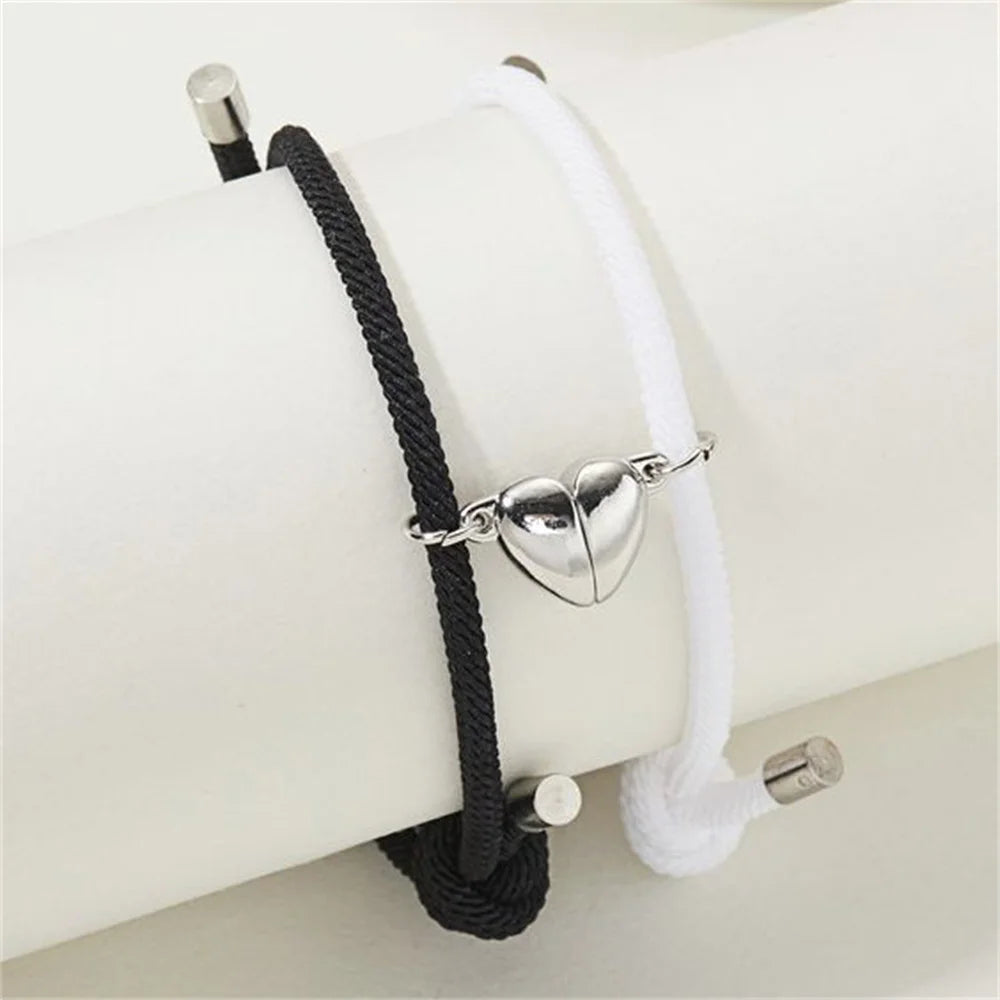 2pcs/Set Rope Braided Bracelet Trendy Alloy Magnet Attachment Couple Bracelet Simple Love Heart Black And White Bracelet Jewelry