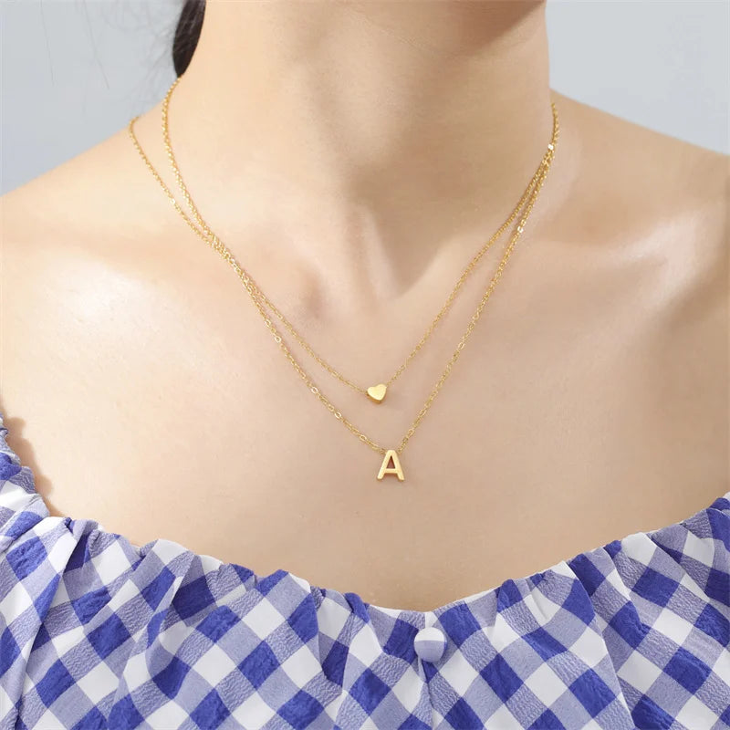 Fashion Tiny Heart Initial Necklace Gold Silver Color Multilayer Letter Choker Necklace For Women Charm Pendant Jewelry Gift