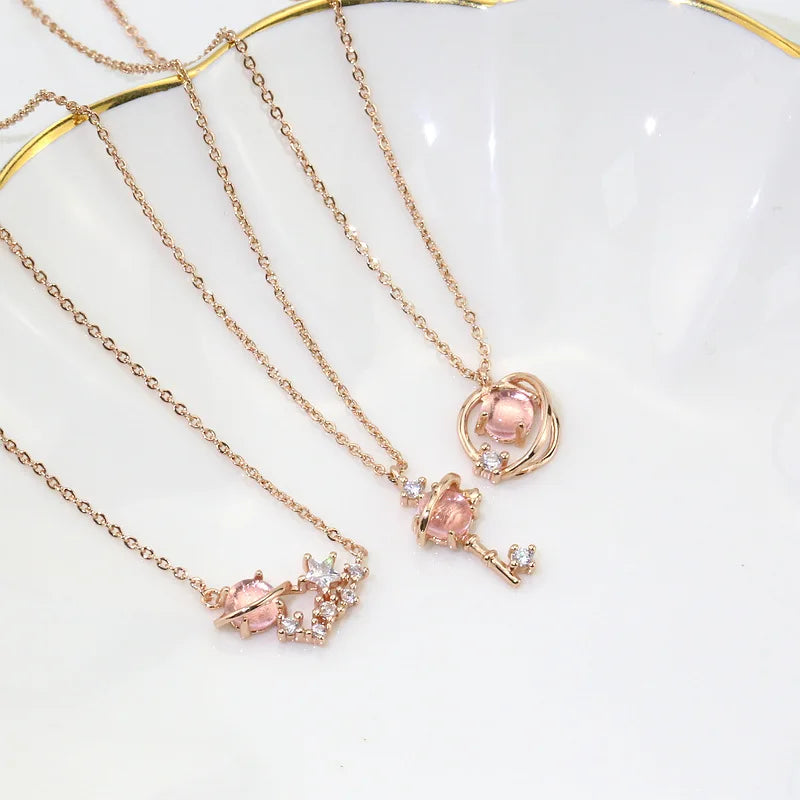 Pink Planet Meteor Shower Key Pendant Necklace Tiny Rose Gold Color Clavicle Chain Collar for Women Friendship Jewelry