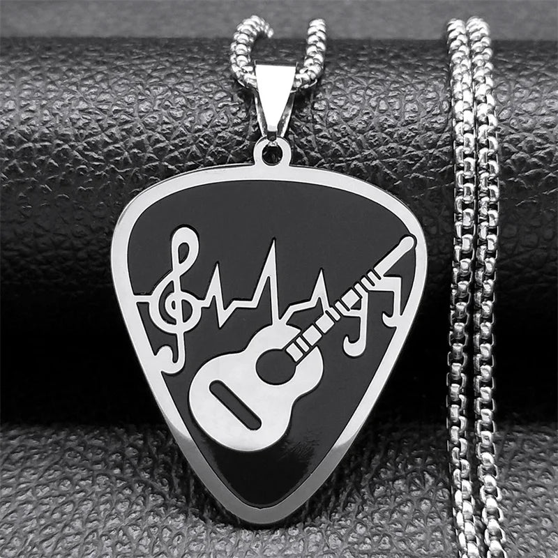 Rock Music Note Guitar Pick Necklace for Women Men Silver Color Stainless Steel Musical Symbol Chain Necklaces colares N7957S06