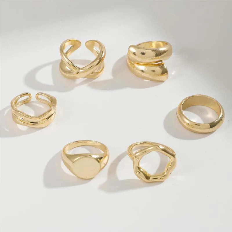 6Pcs/Set Gold Color Smooth Geometric Open Rings Set For Women Exaggerated Metal Irregular Thick Chunky Ring Jewelry Gift