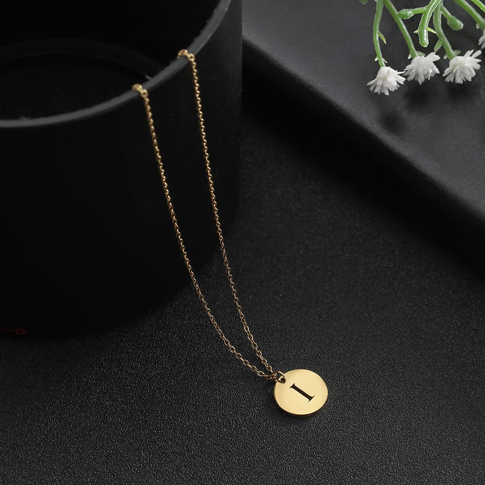 Amaxer Stainless Steel Necklace Fashion Gold Color Initial Charms Metal Round A To Z Letters For Women Single Name Jewelry Gifts