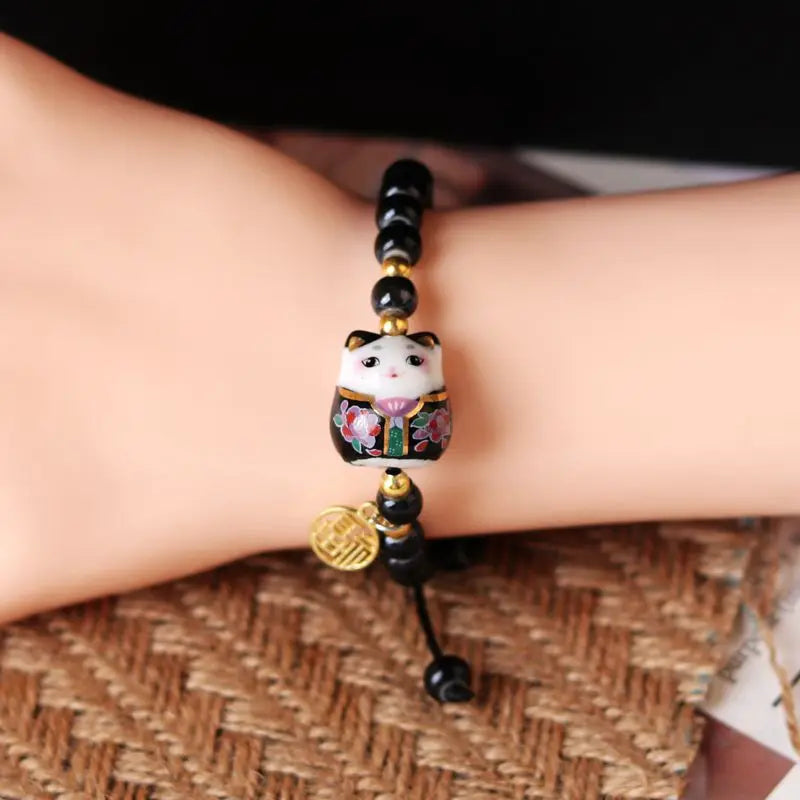 Cute Lucky Cat Bracelet For Girls Adjustable Colorful Beaded Bracelets Harajuku Ceramics Cat Pendant Charm Bracelets Jewelry