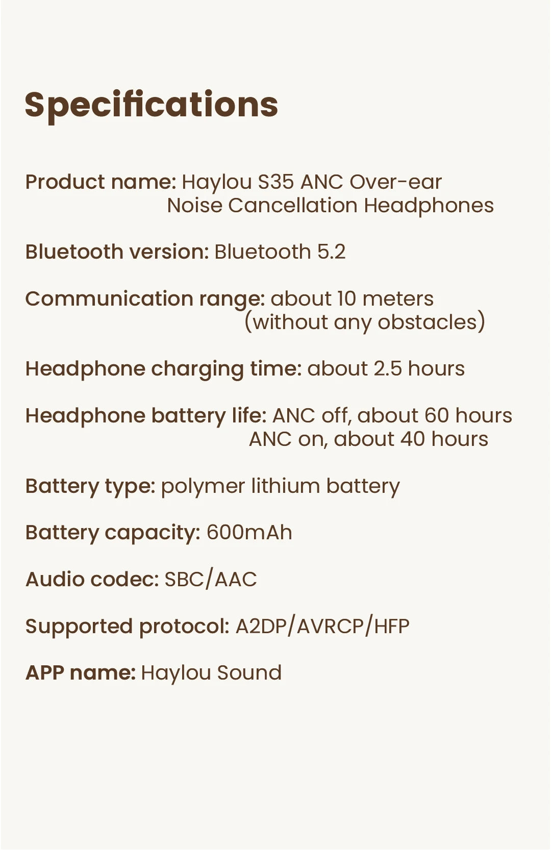 HAYLOU S35 ANC Wireless Headphones Over-ear 42dB ANC Headphone Bluetooth 5.2 40mm Dynamic Driver 60-hour Battery Life Earphones