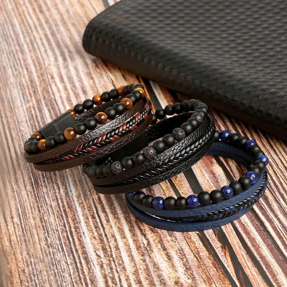 Men Leather Bracelet Classic Fashion Tiger Eye Beaded Multi Layer Leather Bracelet For Men Jewelry Gift