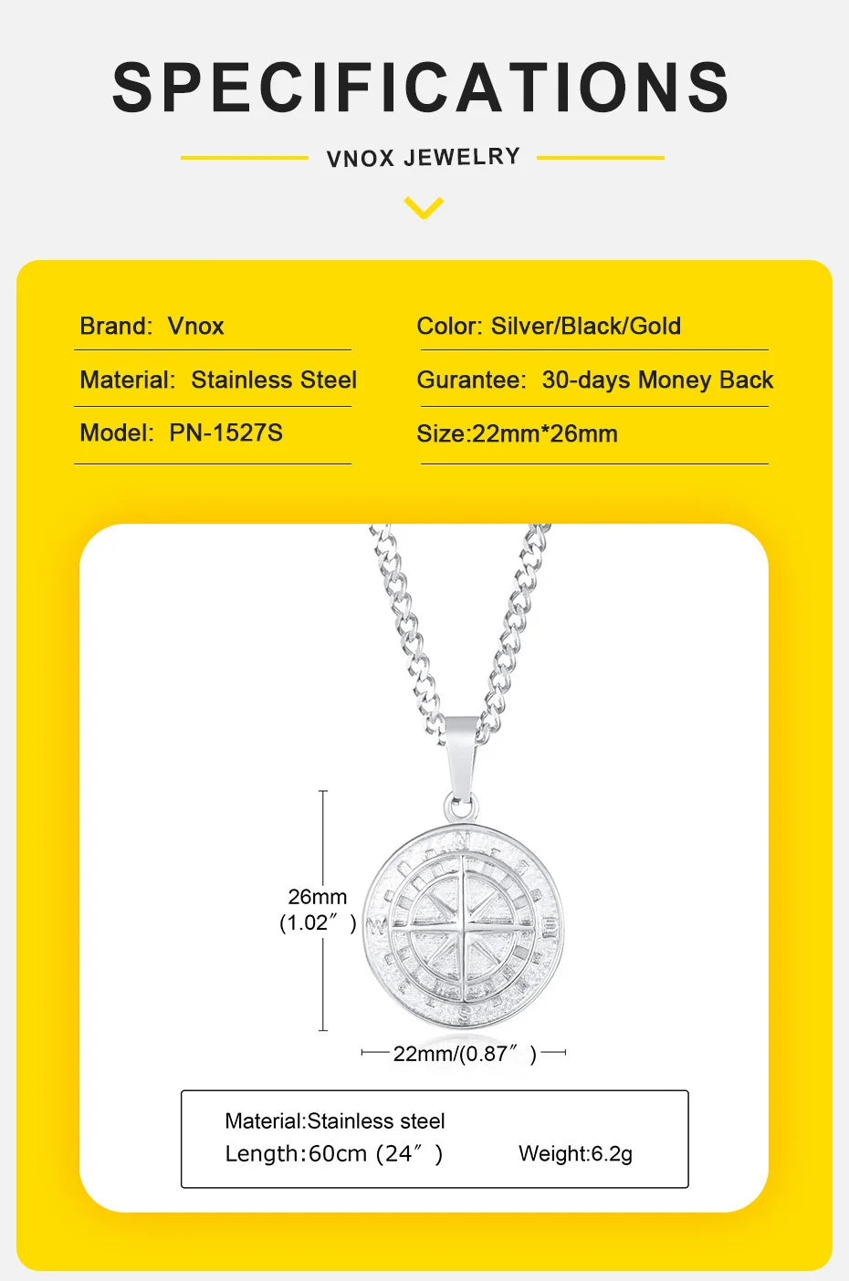 Vnox Layered Necklaces for Men, Sailing Travel Compass Pendant, Stainless Steel Cuban Figaro Wheat Chain, Casual Retro Collar