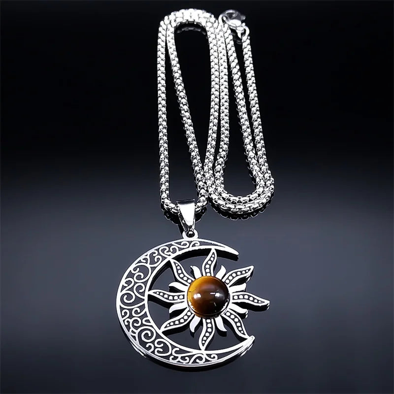 Witch Moon Sun Necklace for Women Men Stainless Steel Stone Occult Luna Crescent Wicca Chain Jewelry collares acero inoxidable