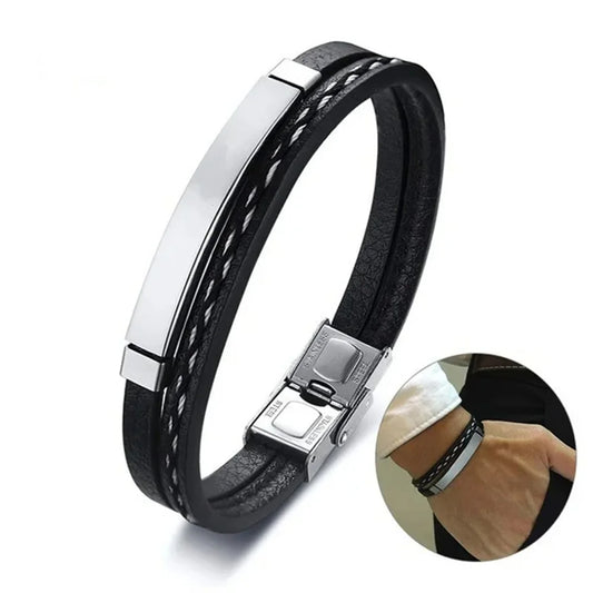 2024 Trendy Men Leatherwear Weave Bracelet Leisure Color Contrast Stainless Steel Bangle