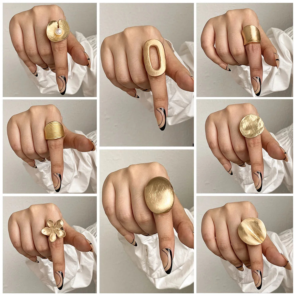 ALLYES Fashion Elastic Rope Adjustable Rings for Women Men Irregular Geometric Matte Chunky Gold Color Finger Ring Charm Jewelry