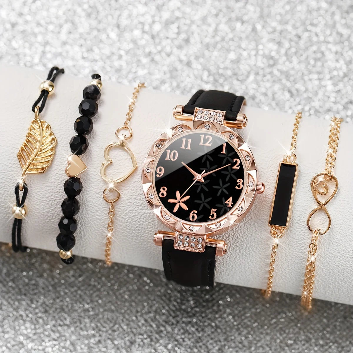 6pcs/set Stylish Womens Flower Quartz Watch with Matching Bracelets - Fashionable Analog Timepiece & Versatile Accessories Set