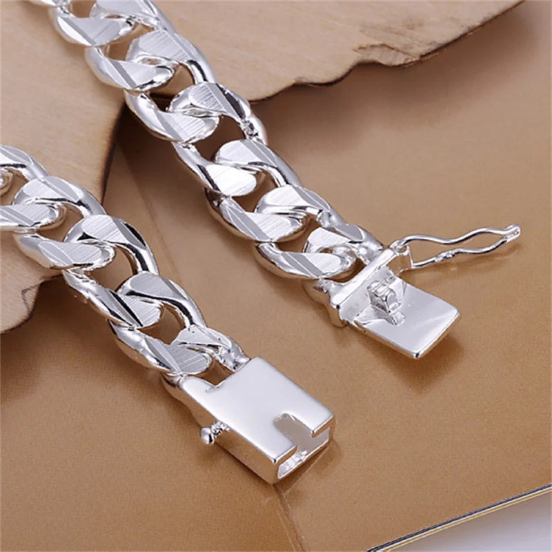 New High-end Women's Mens Fine Silver Color Bracelet Fashion Jewelry Gift Men's 10MM Square Beautiful Gem