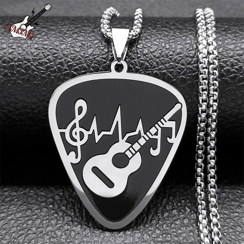 Rock Music Note Guitar Pick Necklace for Women Men Silver Color Stainless Steel Musical Symbol Chain Necklaces colares N7957S06