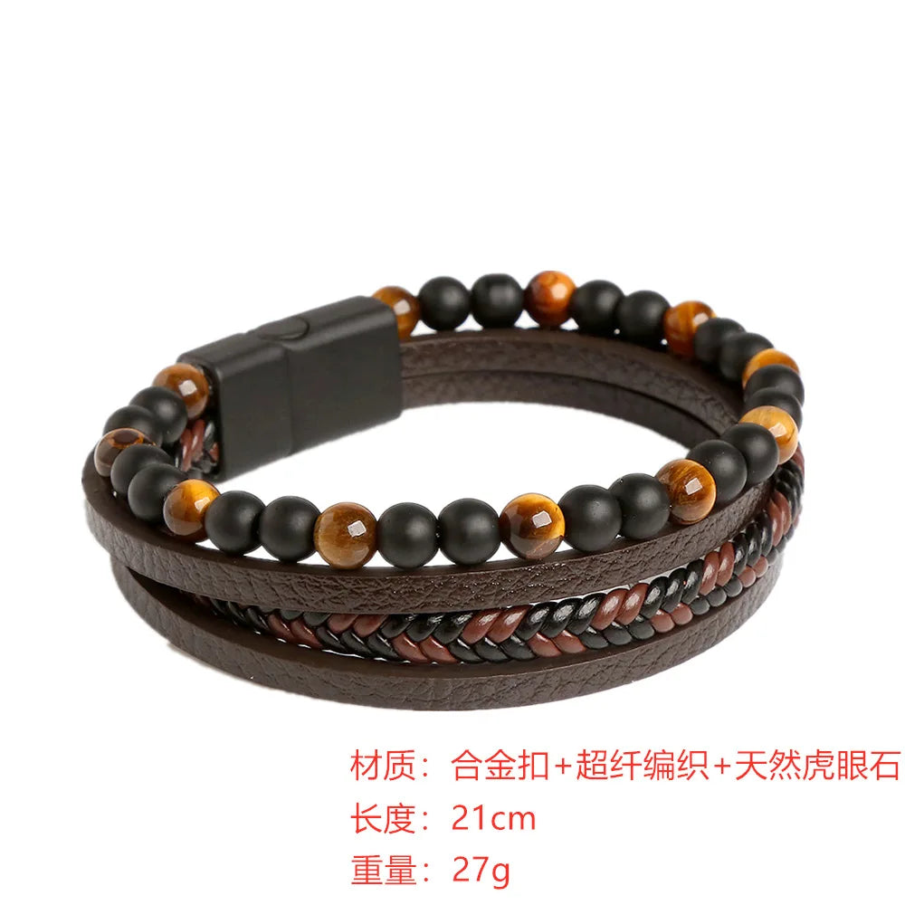 Vintage Multi-Layer Leather Bracelet Men Punk Cross Charm Tiger Eye Stone Beads Bracelet Fashion Braided Wrap Wristbands Jewelry