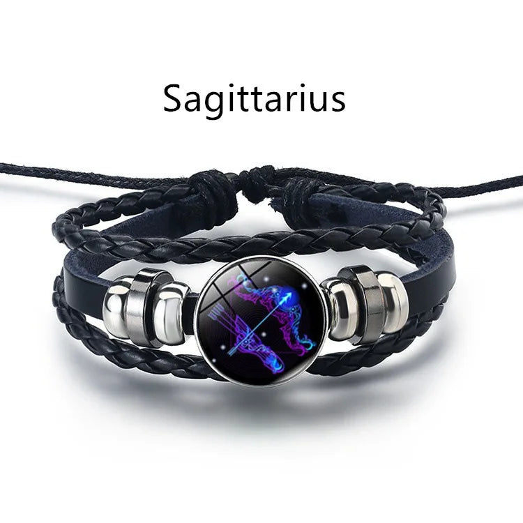 12 Constellation Zodiac Sign Black Braided Leather Bracelet Cancer Leo Virgo Libra Woven Glass Dome Jewelry Punk Men Bracelet