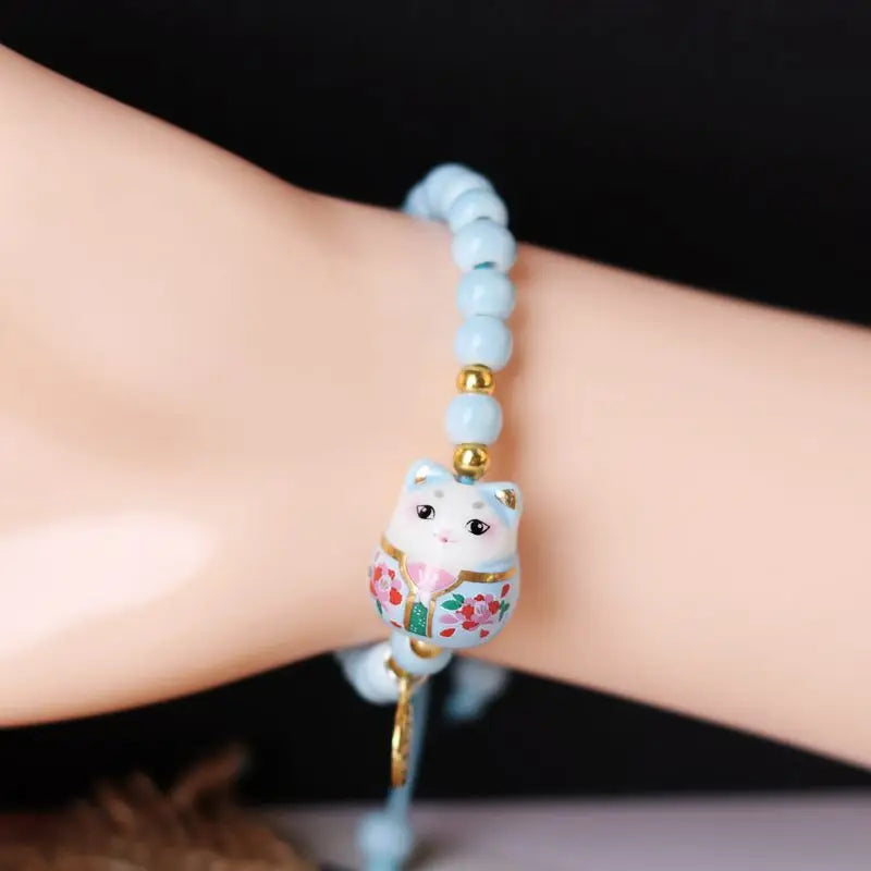 Cute Lucky Cat Bracelet For Girls Adjustable Colorful Beaded Bracelets Harajuku Ceramics Cat Pendant Charm Bracelets Jewelry