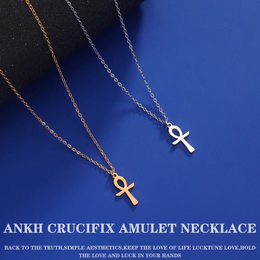 Lucktune Ankh Cross Egyptian Amulet Necklace Stainless Steel Key of Life Symbol Crucifix Pendant Necklace Women Religion Jewelry