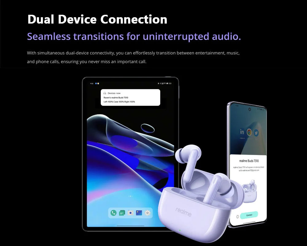 Global Version realme Buds T310 Bluetooth 5.4 Wireless TWS Earphone 40H Battery Life Headphone 46dB Active Noise Cancelling