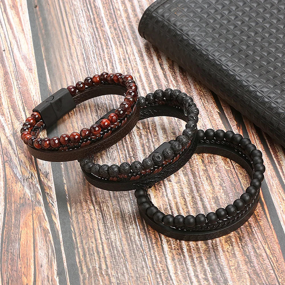 High Quality Leather Bracelet Men Classic Fashion Red Tiger Eye Beaded Multi Layer Leather Bracelet For Men Jewelry Gift