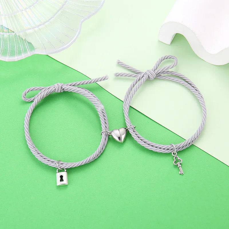 1 Pair Magnet Couple Bracelets for Lovers Lock Heart Magnetic Bracelet for Women Men Adjustable Braided Rope Jewelry Gift