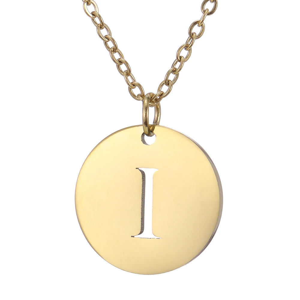 Amaxer Stainless Steel Necklace Fashion Gold Color Initial Charms Metal Round A To Z Letters For Women Single Name Jewelry Gifts