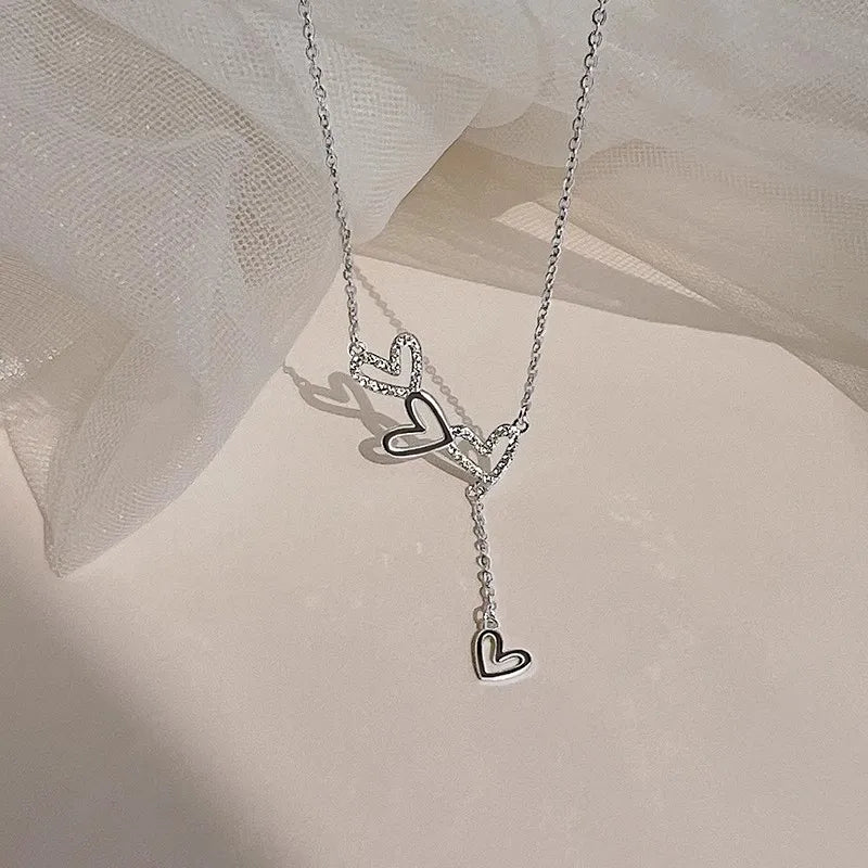 925 Sterling Silver Hollow Heart Necklace Sparkling Diamond Tassel Pendant Women's Clavicle Chain Wedding Jewelry Accessories