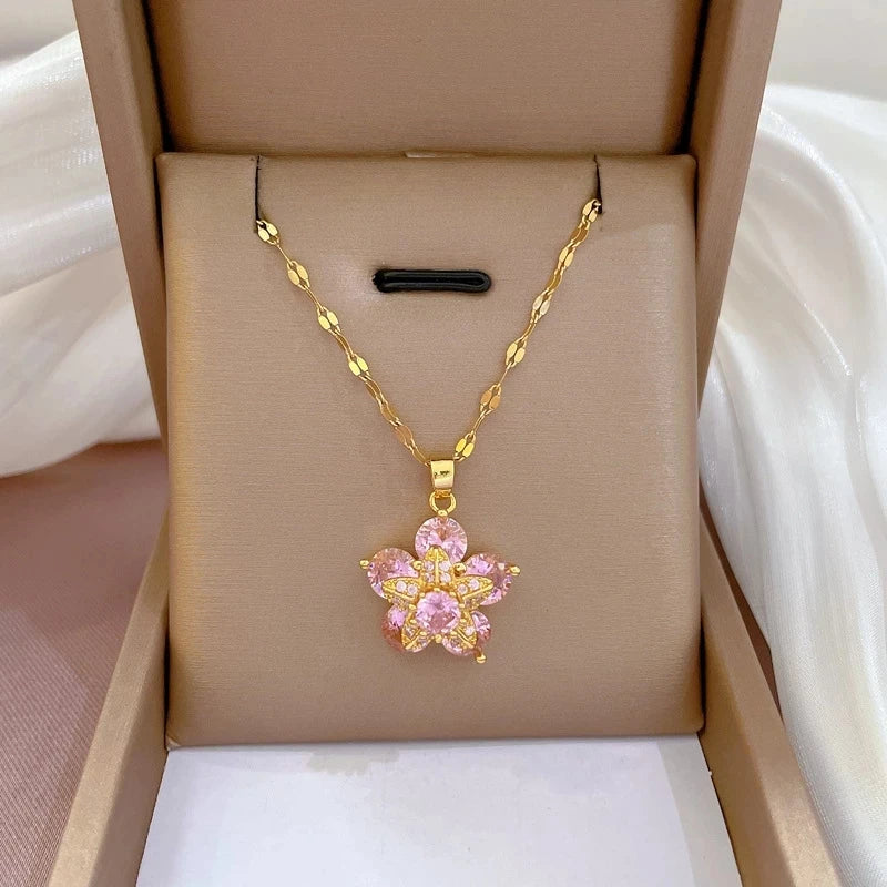 OIMG Stainless Steel Multiple Styles New Design Heart Flower Zircon Pendant Necklace for Women Girls Elegant Luxury Jewelry