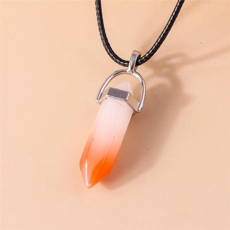 Natural Stone Quartz Lapis Opal Amethyst Pink Crystal Stone Hexagonal Column Pendant Necklaces Leather Chain Bullet Necklace