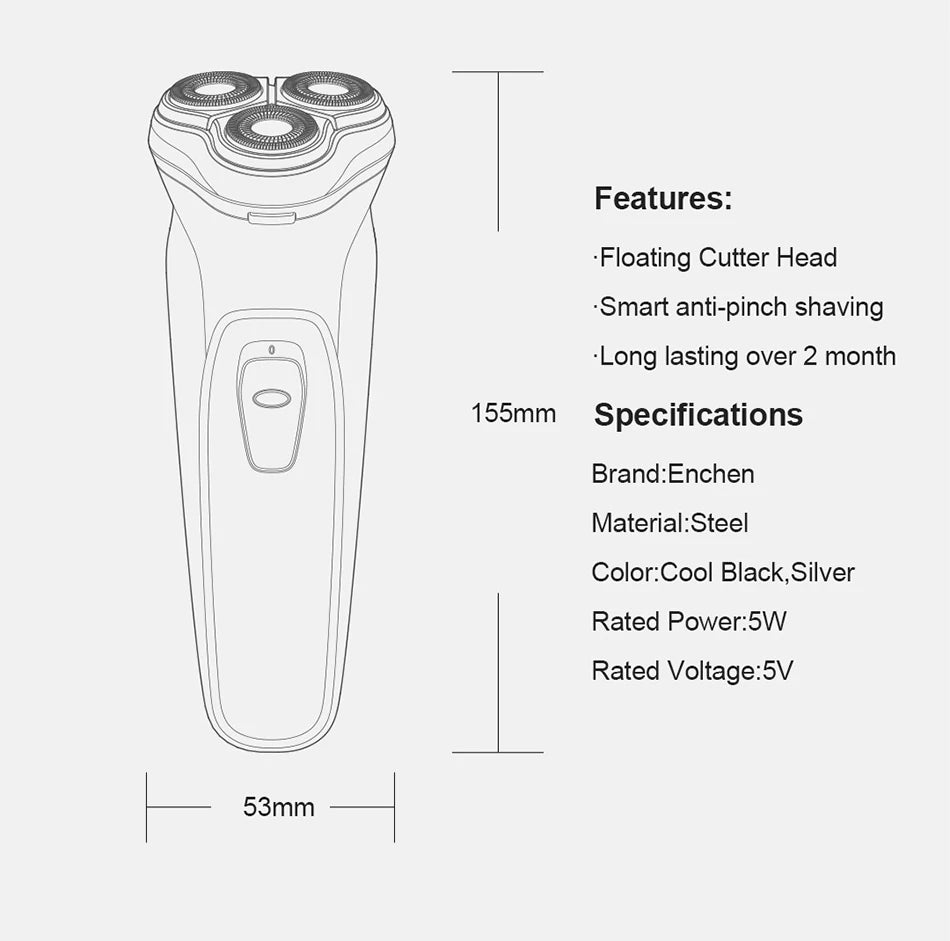 ENCHEN Blackstone Electrical Rotary Shaver for Men 3D Floating Blade Washable Type-C USB Rechargeable Shaving Beard Machine