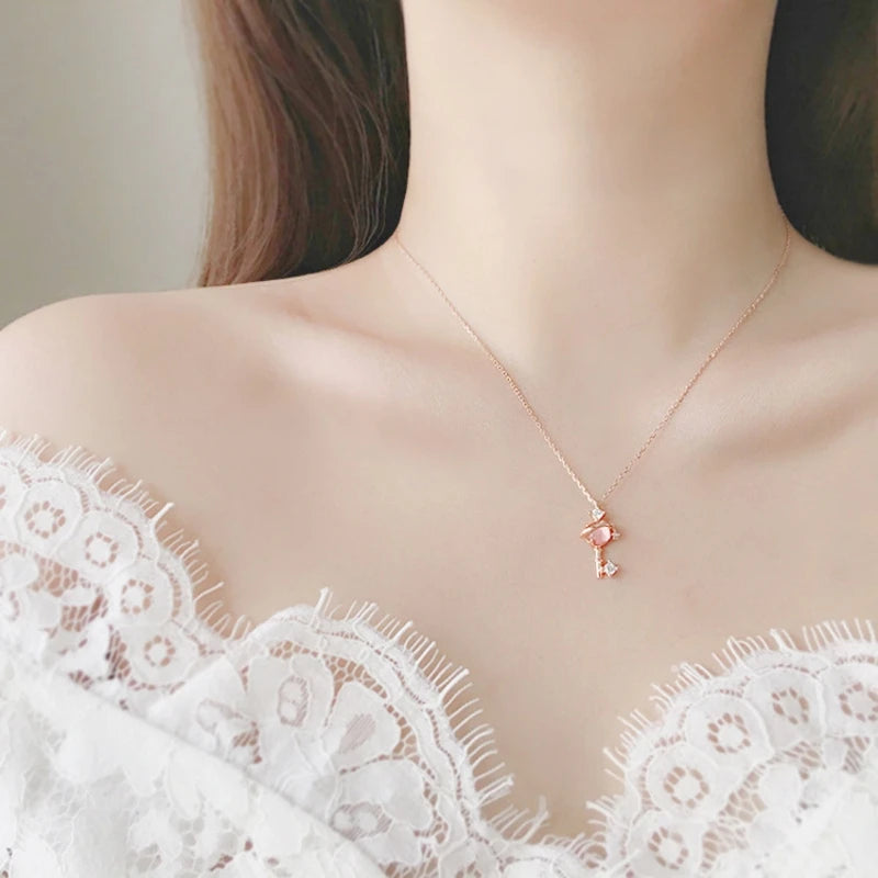 Pink Planet Meteor Shower Key Pendant Necklace Tiny Rose Gold Color Clavicle Chain Collar for Women Friendship Jewelry