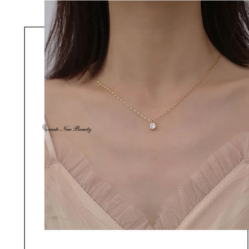 Temperament Shining Zircon Trendy Sterling Silver Choker Necklace Simple Chain Elegant Wedding Pendant for Women Jewelry Gift