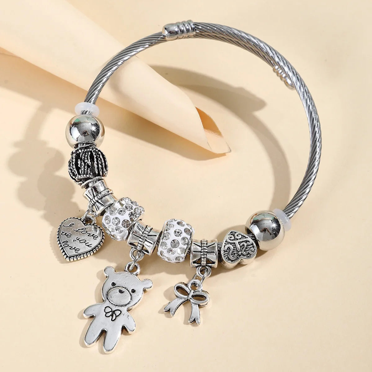 1PC Women's Fashion  Multi Element Stainless Steel DIY Teddy Bear Bead Bracelet Date Banquet Party Festival Dressing Gift