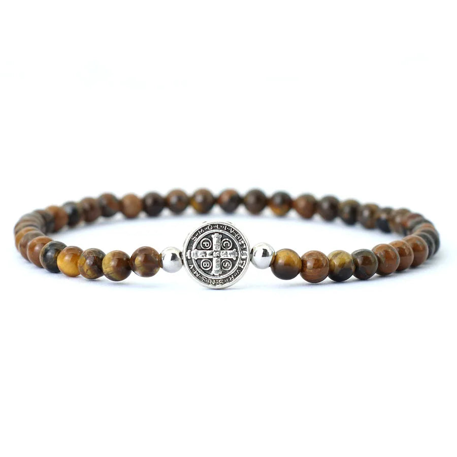 Noter New 4mm Beaded Bracelet For Men Minimalist Cross Braslet Natural Tiger Eyes Wood Braclet Meditation Onyx Stone Brazalete