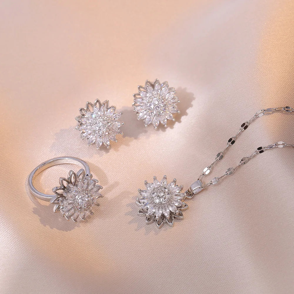 Fashionable and Exquisite Daisy Flower Rotatable Necklace Sunflower Ring Opening Decompression Stainless Steel Jewelry