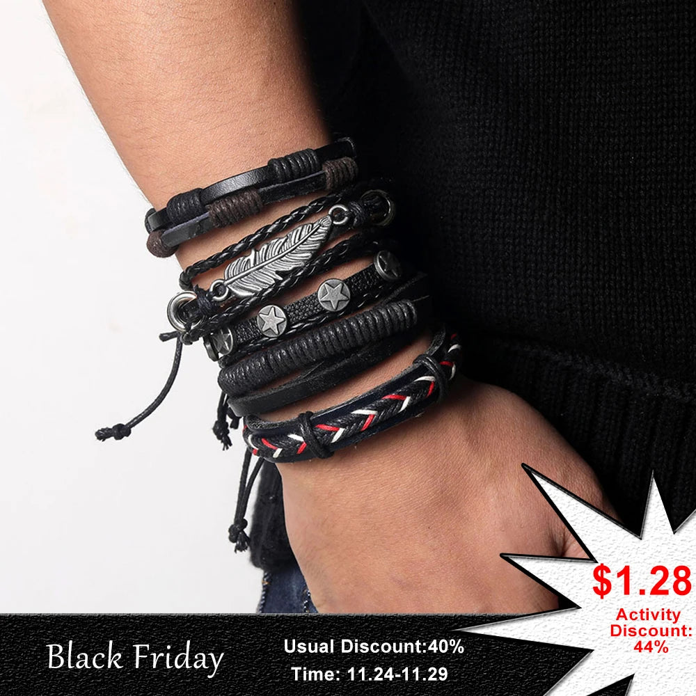 IFMIA Vintage Leather Bracelet Fashion Hand-knitted Multi-layer Leather Feather Leaf Bracelet and Fashion Men's Bracelet Gift