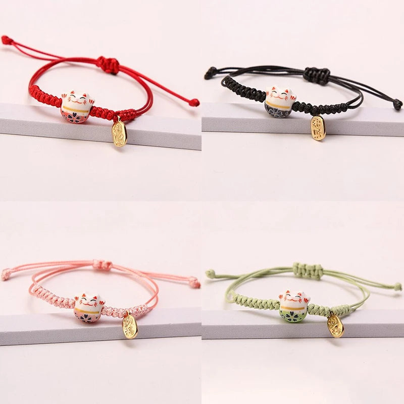 Simple Ceramic Lucky Cat Braided Bracelet for Women Men Multicolor Cute Animal Hand-Knitted Adjustable Bracelet Harajuku Jewelry