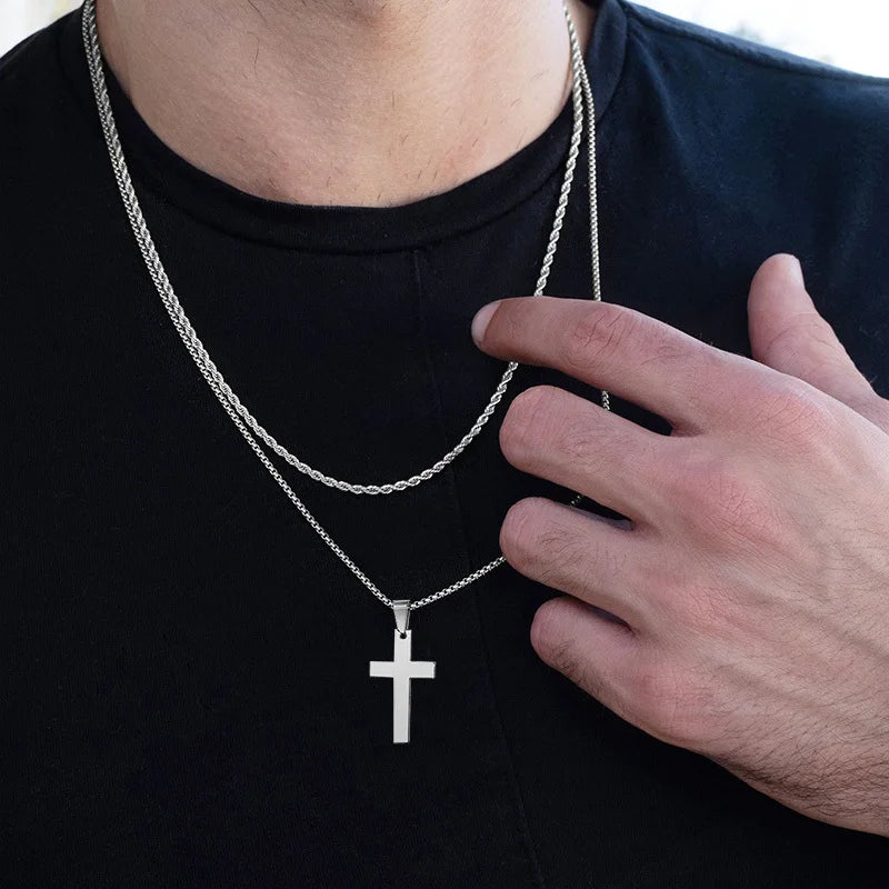 Waterproof Cross Necklaces for Men Male Gifts Jewelry, Anti Allergy Stainless Steel Plain Cross Pendant with Rope Chain