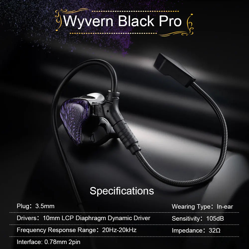 Kinera Celest Wyvern Black Dragon In-Ear HiFi Earphones 10mm LCP Dynamic Driver Music Earbuds with Detachable 2-pin 3.5mm Cable