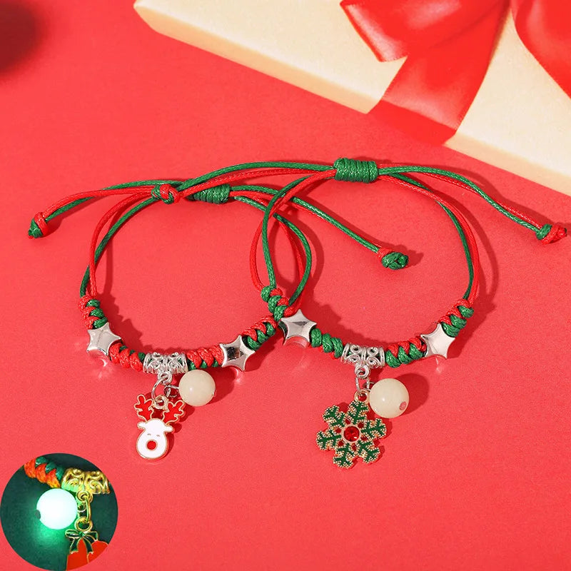 2PCS Xmas Luminous Braid Bracelets Xmas Tree Bell Santa Snowflake Bracelet Charms for Women Men Gifts Trendy Christmas Jewelry