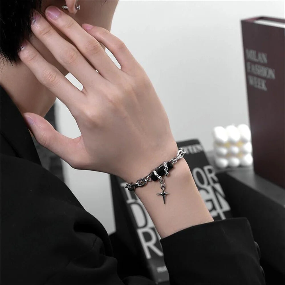 2024 Retro Black Zircon Star Bracelet For Women Men Trend Titanium Steel Punk Nk Chain Unisex Jewelry New Couple Accessories