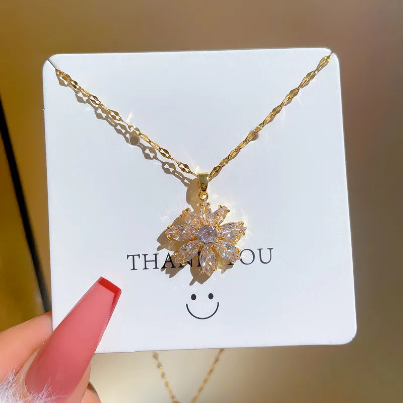 OIMG Stainless Steel Multiple Styles New Design Heart Flower Zircon Pendant Necklace for Women Girls Elegant Luxury Jewelry