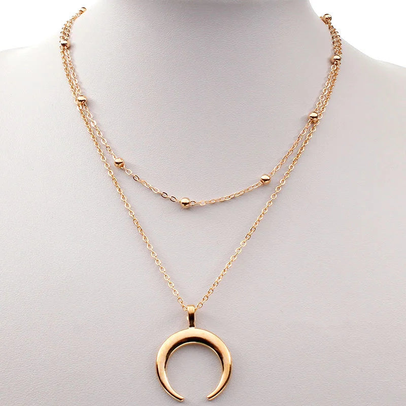 Fashion Gold Color Double Layer Moon Pendant Necklaces for Women Luxury Design Shiny Choker Necklace Jewelry Gift