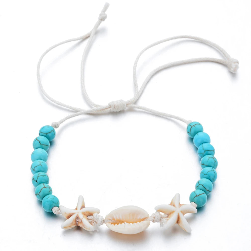 Summer Starfish Shell Woven Bracelet Unisex Adjustable Wax Rope Turquoise Beaded Anklet Bracelet Women Men Boho Beach Jewelry